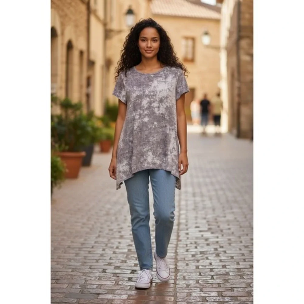 Womens Grey Acid Wash Sharkbite Hem Tunic Top Short Sleeve Boho Flowy Shirt‎